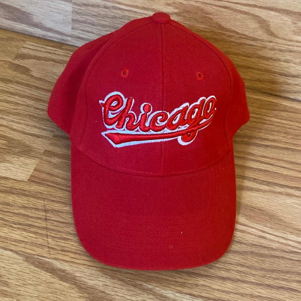 City Hunter OSFA Chicago Spell Out Hook & Loop Adjustable Cap Red Embroidered.